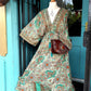 'MUSTIQUE' 100% VINTAGE SILK 70'S STYLE PAISLEY PRINT EMBROIDERED SWISHY HEM GREEN/TERRACOTTA DRESS