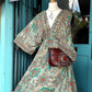 'MUSTIQUE' 100% VINTAGE SILK 70'S STYLE PAISLEY PRINT EMBROIDERED SWISHY HEM GREEN/TERRACOTTA DRESS