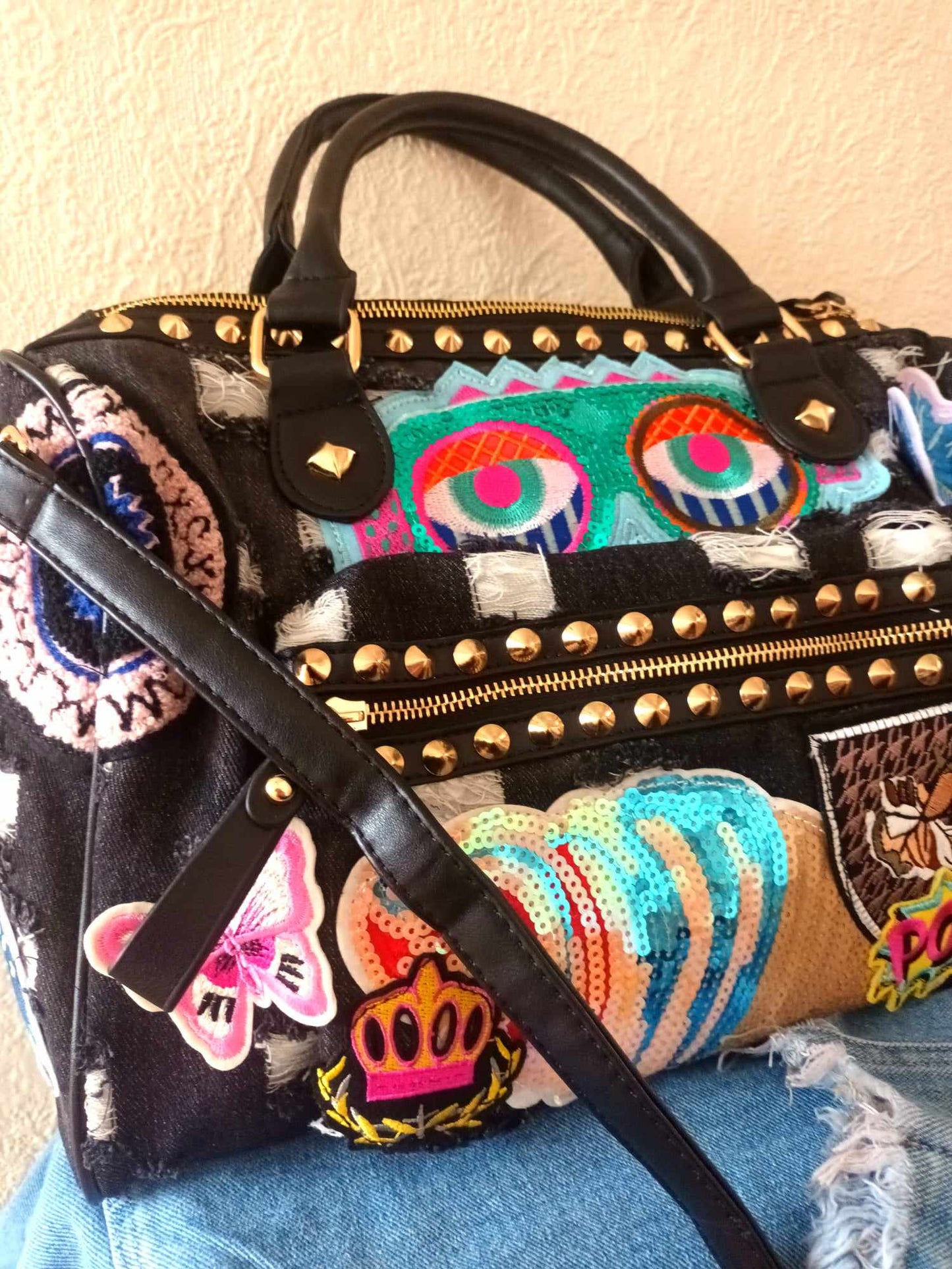 'CHIC LE FREAK' AMAZING EMBELLISHED APPLIQUE PATCH VEGAN TOTE BAG WITH OPTIONAL LONG STRAP