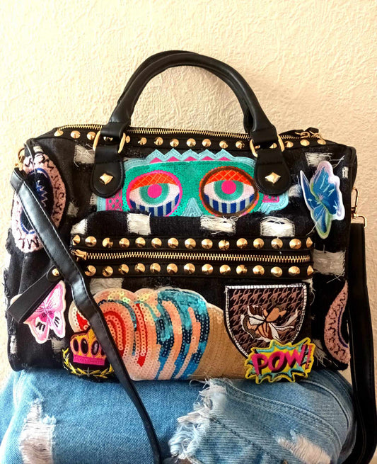 'CHIC LE FREAK' AMAZING EMBELLISHED APPLIQUE PATCH VEGAN TOTE BAG WITH OPTIONAL LONG STRAP