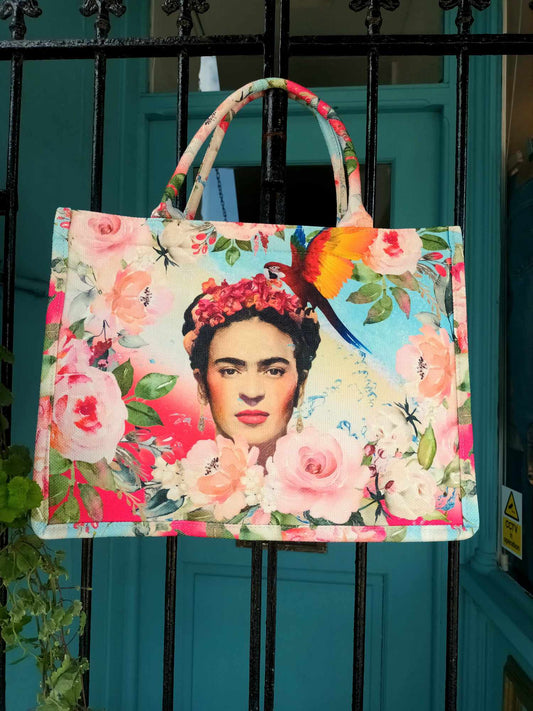 'FRIDA'S PRETTY TOTE' SKY BLUE FLORAL/PARROT PRINT WITH ZIP FASTENING