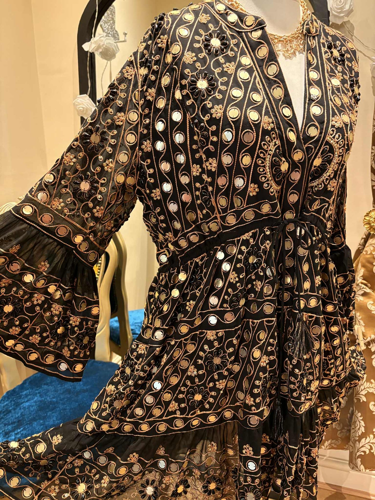 THE 'NURIA' STUNNING RICHLY BEADED, SEQUINNED AND EMBROIDERED TASSEL WAIST TUNIC DRESS