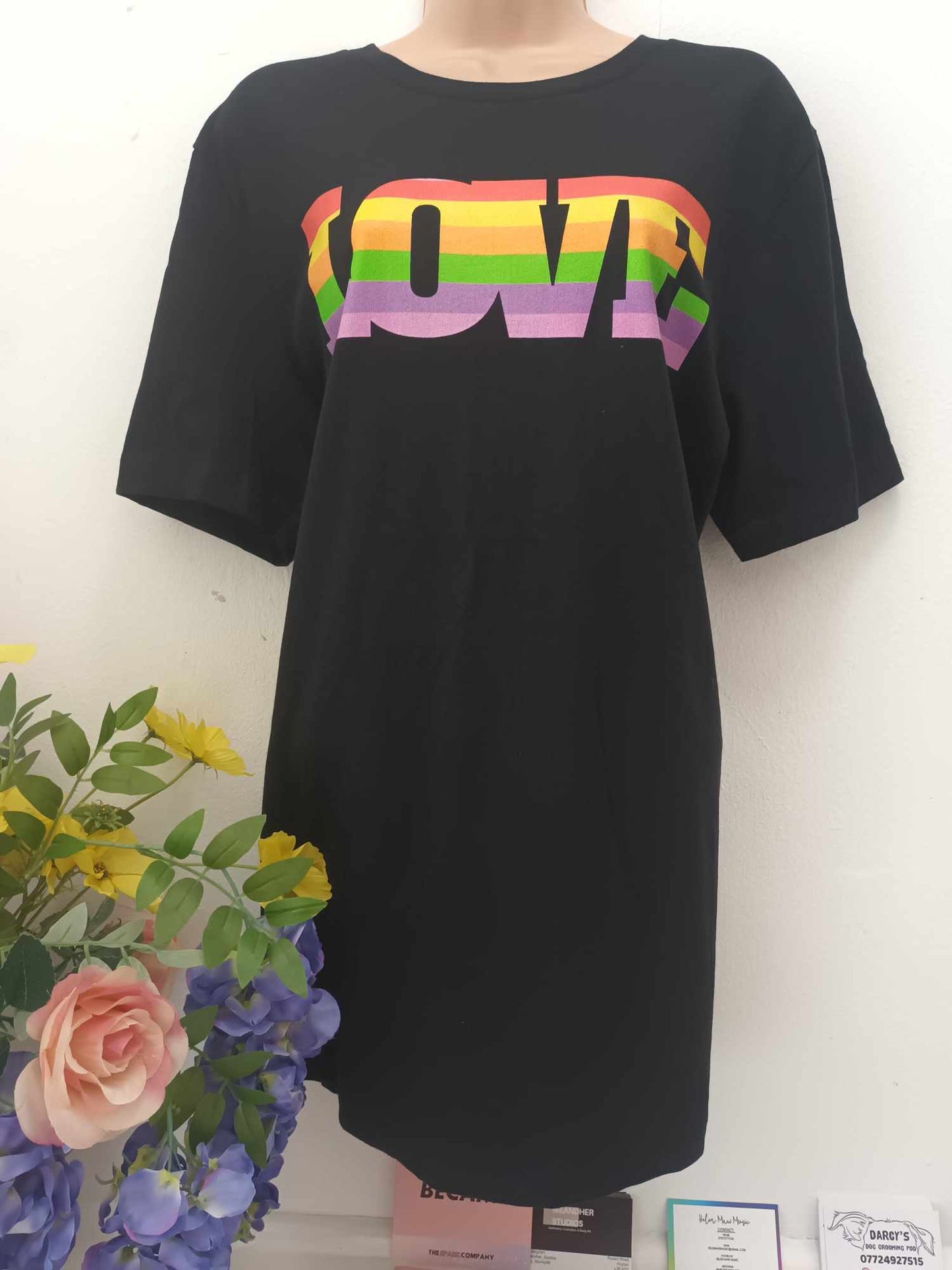 'LOVE' RAINBOW T SHIRT IN BLACK ETHICAL, CHARITY T SHIRT