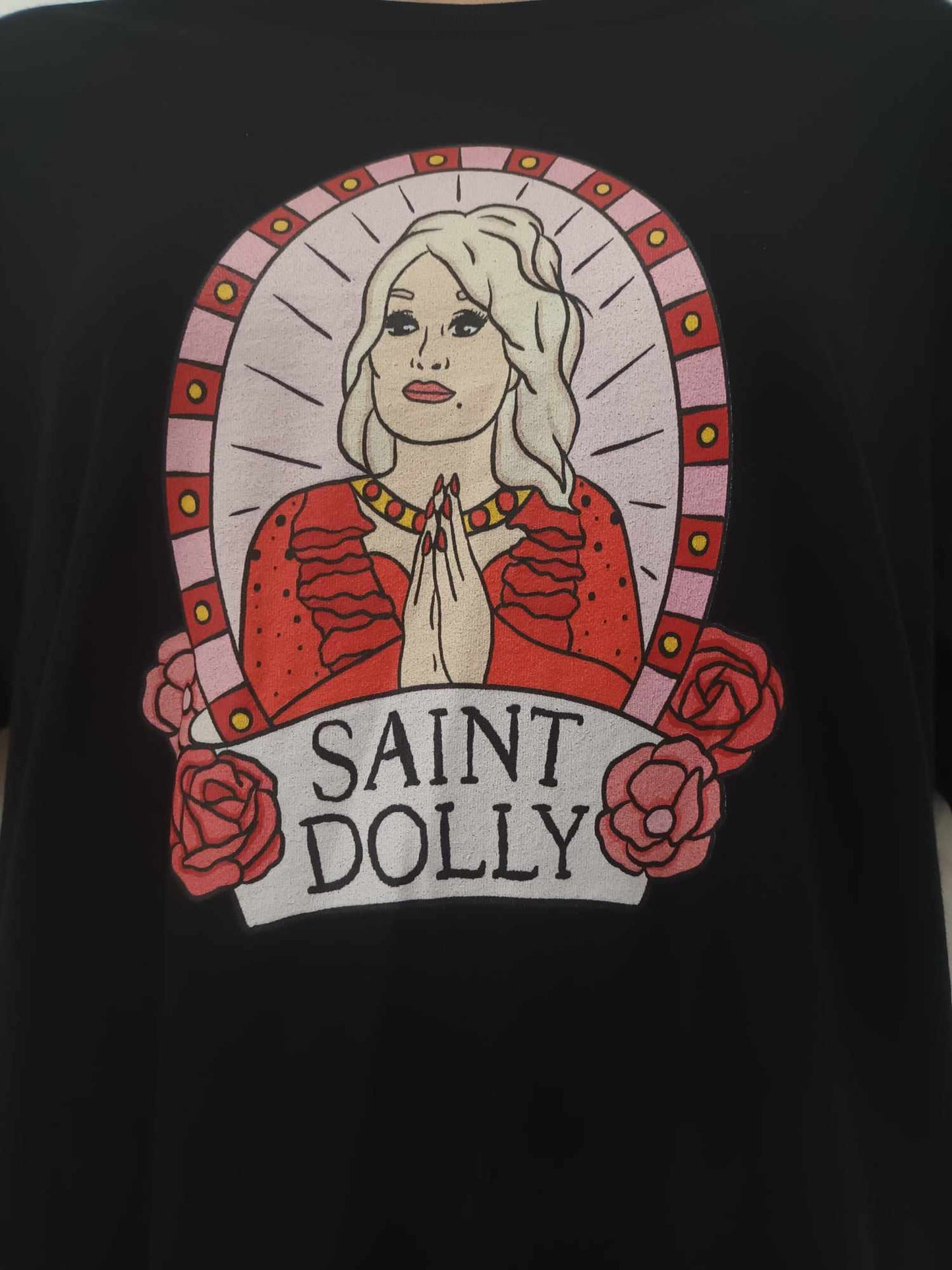 'SAINT DOLLY' DOLLY PARTON PRINT SUPERSOFT T SHIRT ETHICAL 'GIVE BACK' FEMINIST RANGE BLACK