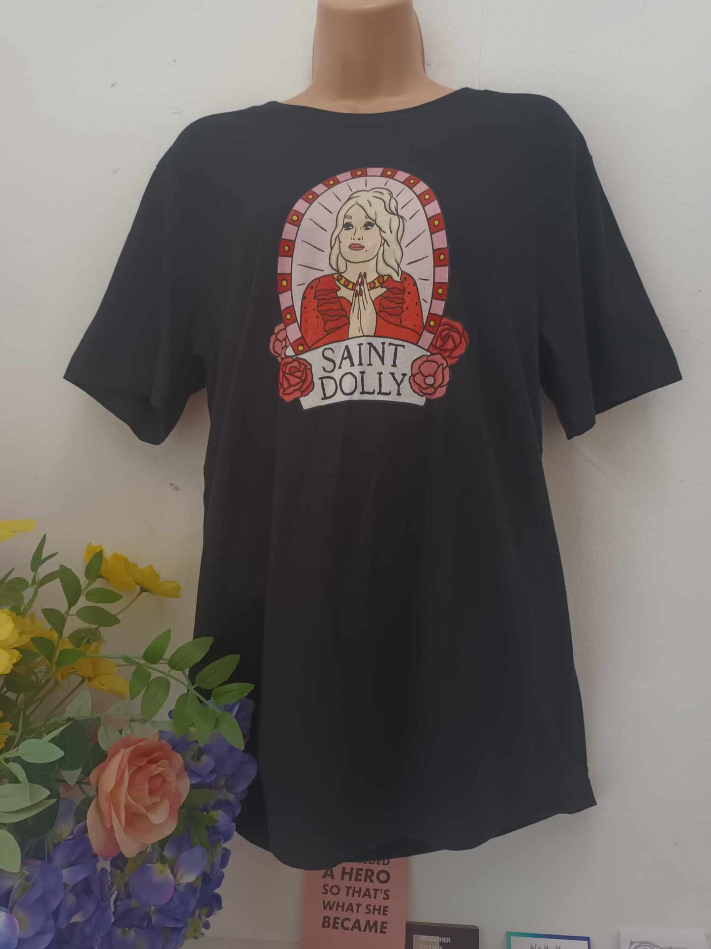 'SAINT DOLLY' DOLLY PARTON PRINT SUPERSOFT T SHIRT ETHICAL 'GIVE BACK' FEMINIST RANGE BLACK