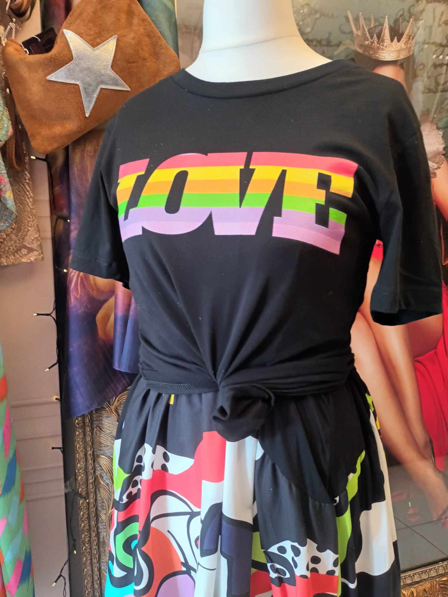 'LOVE' RAINBOW T SHIRT IN BLACK ETHICAL, CHARITY T SHIRT