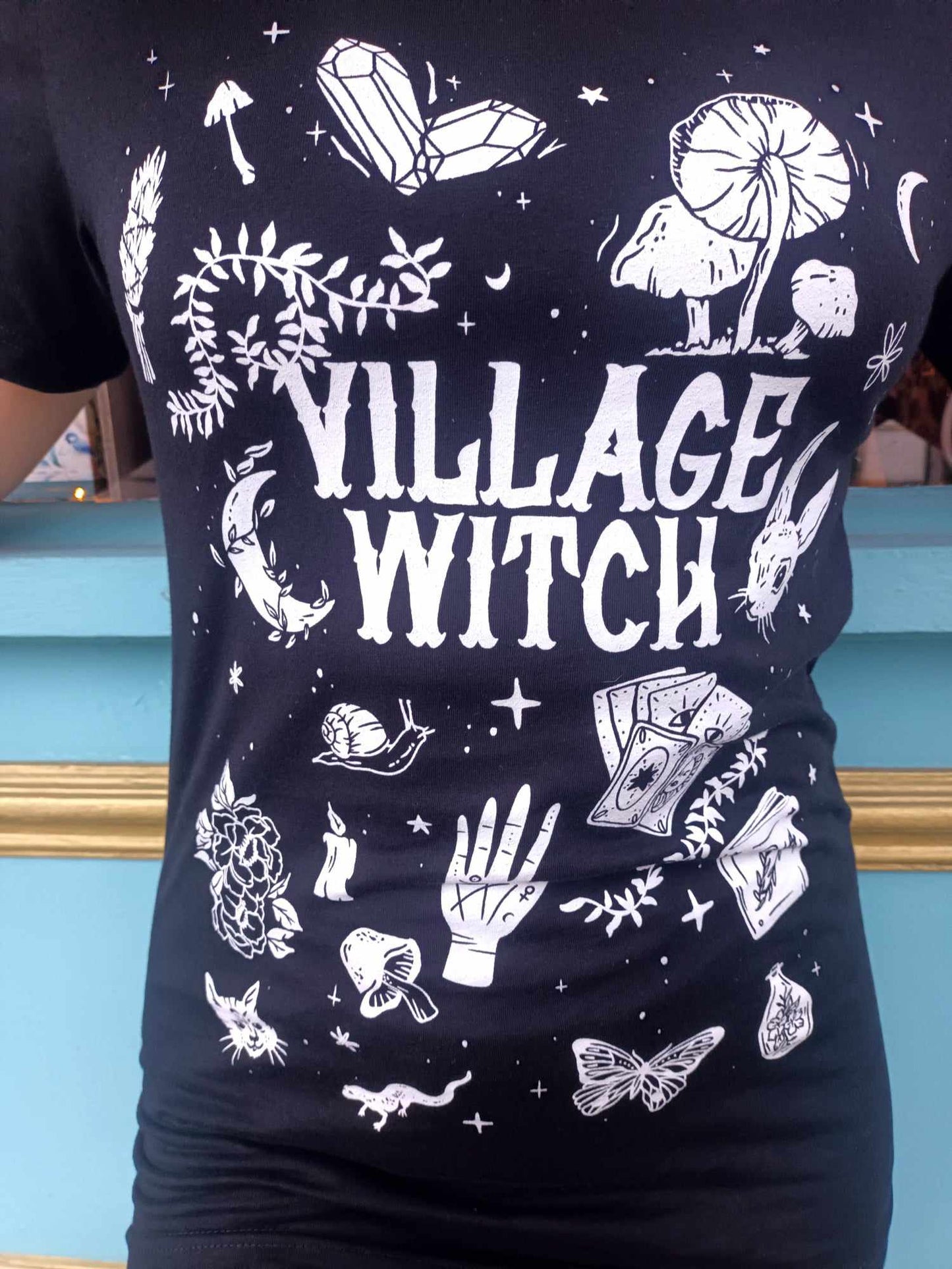 'VILLAGE WITCH' QUIRKY SUPERSOFT ETHICAL T SHIRT 'GIVE BACK' RANGE CLASSIC BLACK