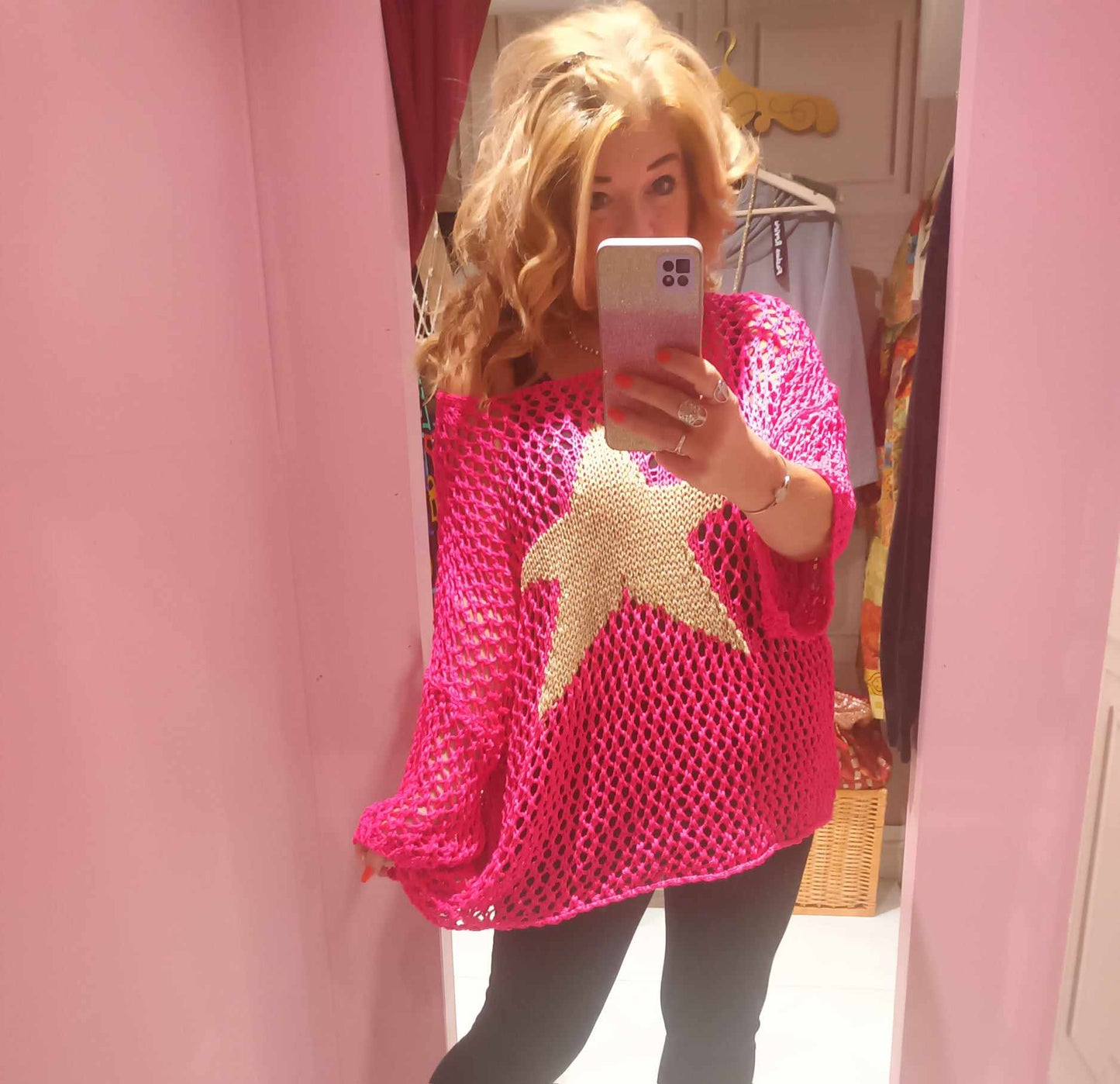 'STARMAN' OVERSIZED CROCHET KNIT JUMPER WITH STAR MOTIF HOT PINK