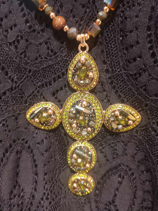 'GOTHICA' RICHLY JEWELLED CROSS PENDANT IN GREEN AND SPICE