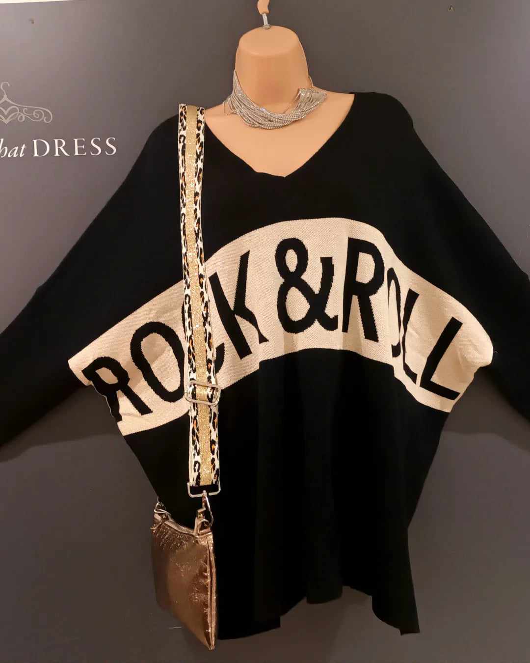 'ROXANNE' FUNKY ROCK AND ROLL MOTIF OVERSIZED JUMPER IN BLACK & PALE GOLD