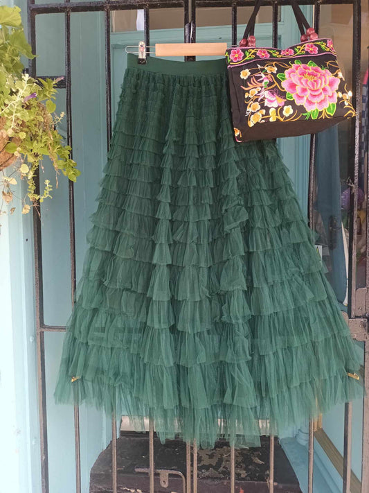 'TABITHA' FABULOUS SWISHY TIERED TULLE TWO WAY SKIRT WITH ELASTICATED WAIST IVY GREEN