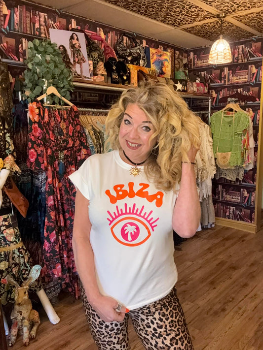 THE 'IBIZA' MYSTIC EYE PRINT CLASSIC CUFF SLEEVED T SHIRT IN WHITE OR GREY