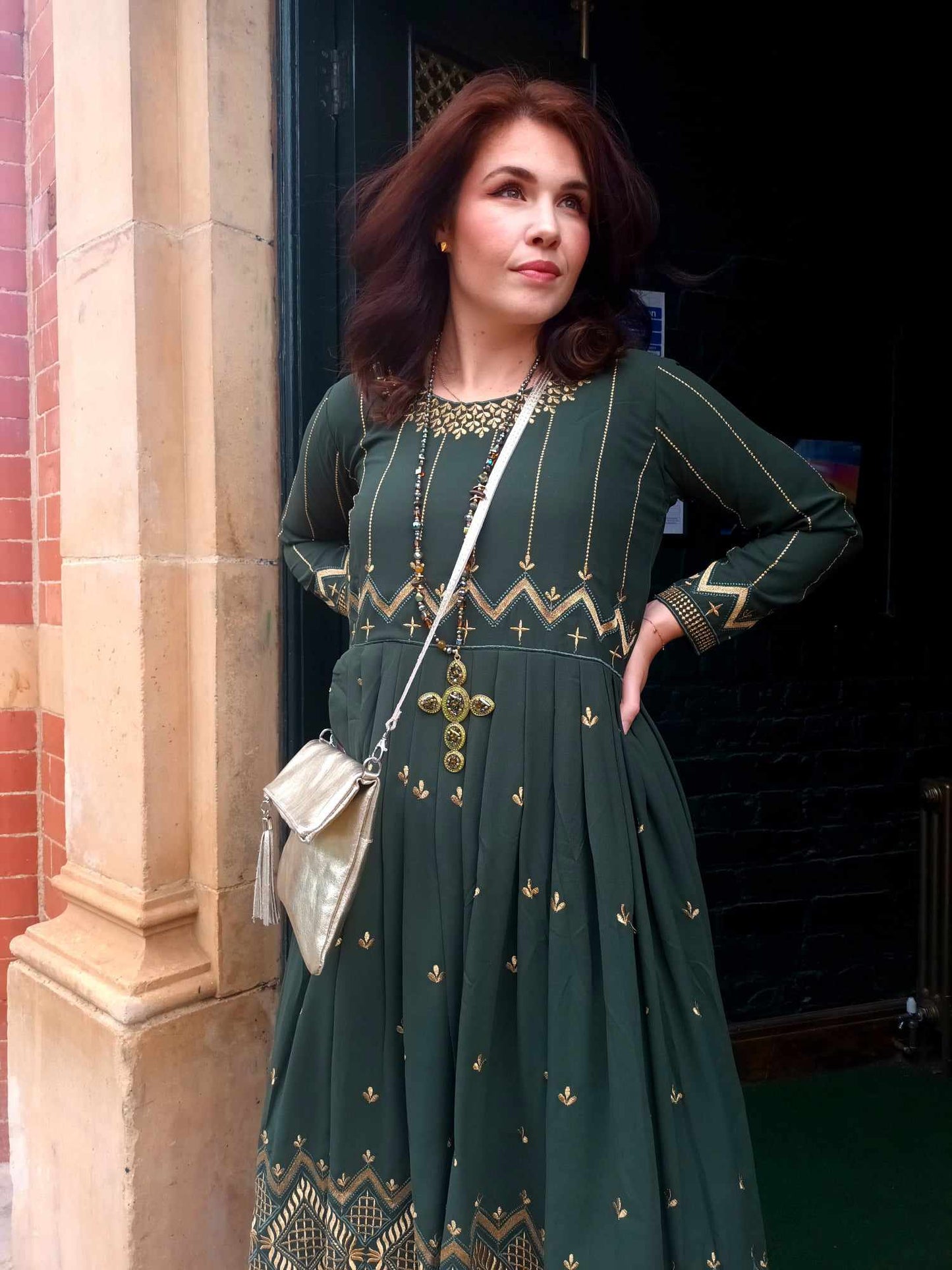 'HOLLY LANE' BEAUTIFUL RICH GOLD EMBELLISHED EMBROIDERED FIT AND FLARE DRESS IN BOTTLE GREEN