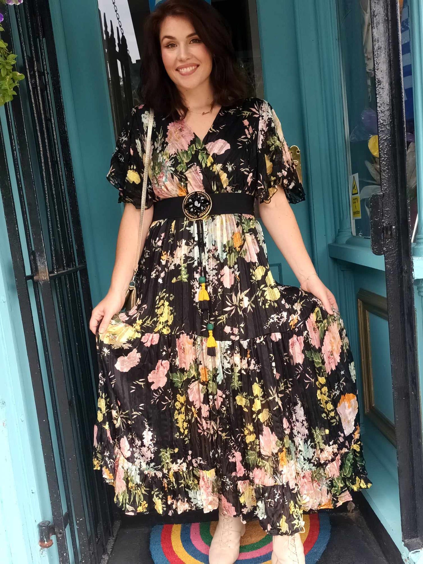 'ELEANOR' FLORAL ANGEL SLEEVE SWISHY HEM MIDI DRESS BLACK MULTI