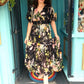 'ELEANOR' FLORAL ANGEL SLEEVE SWISHY HEM MIDI DRESS BLACK MULTI
