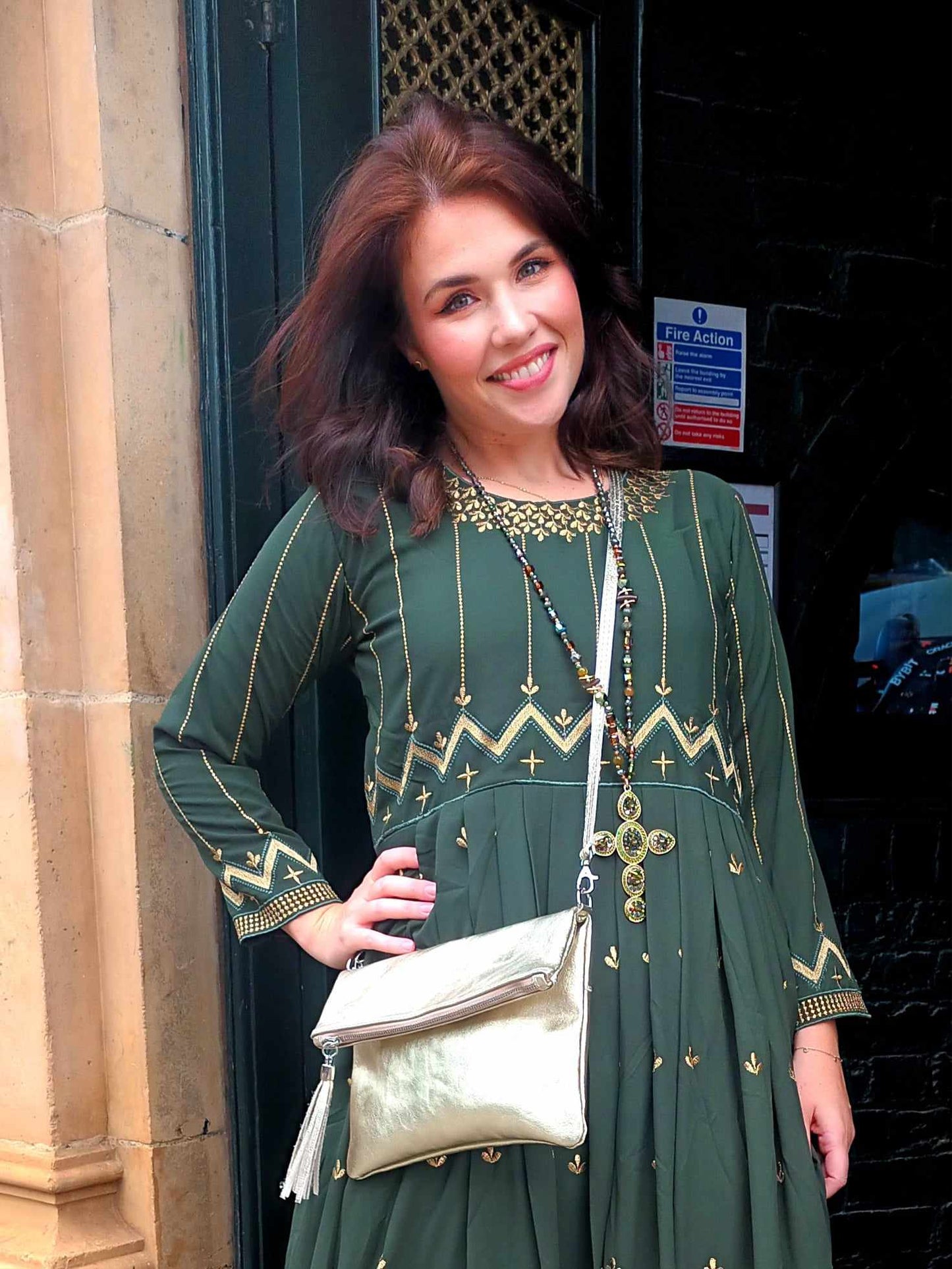 'HOLLY LANE' BEAUTIFUL RICH GOLD EMBELLISHED EMBROIDERED FIT AND FLARE DRESS IN BOTTLE GREEN