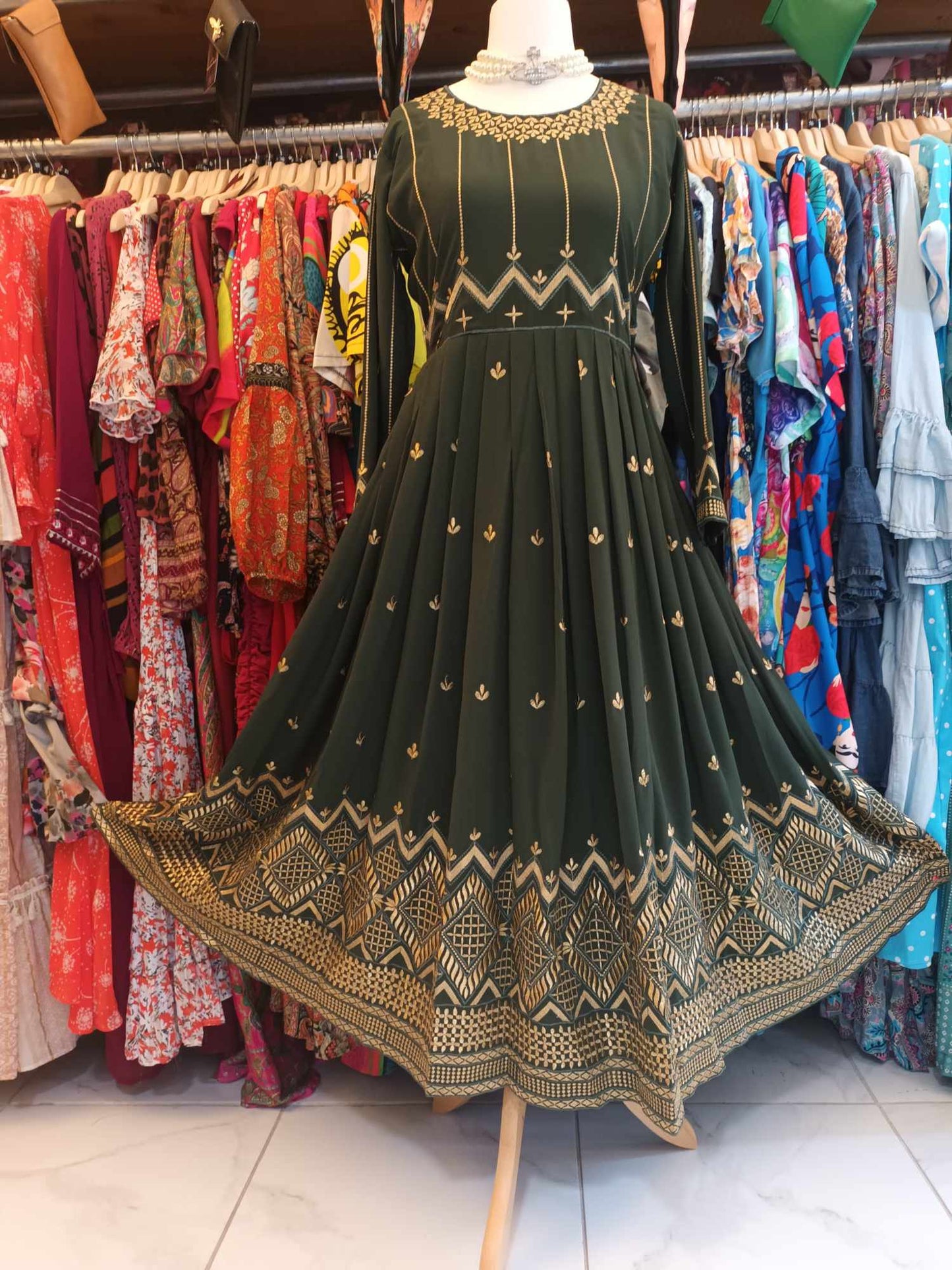 'HOLLY LANE' BEAUTIFUL RICH GOLD EMBELLISHED EMBROIDERED FIT AND FLARE DRESS IN BOTTLE GREEN