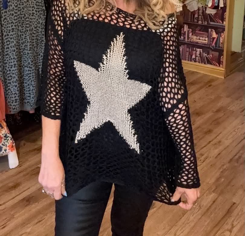 THE 'ROCK CHICK' FABULOUS BLACK CROCHET OVERSIZED KNIT WITH BOLD GOLD STAR DETAIL