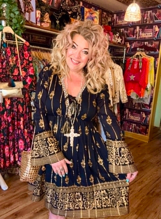 THE 'JASMINE' BEAUTIFUL BLACK AND GOLD EMBROIDERED BELL SLEEVE DRESS MADE IN INDIA