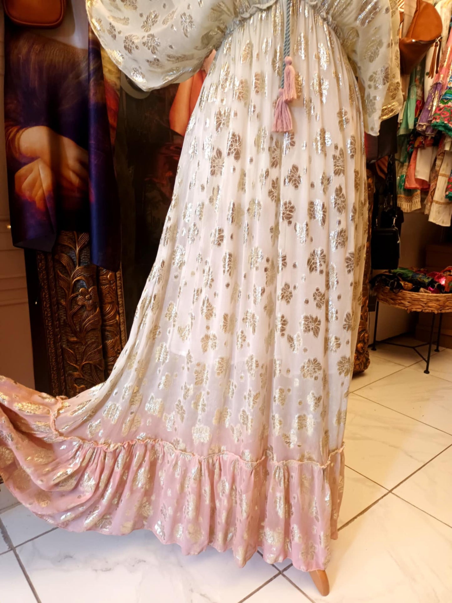 THE 'ANGELICA' STUNNING VANILLA & PINK GOLD EMBOSSED CHIFFON DRESS WITH GOLD BEADED DETAIL