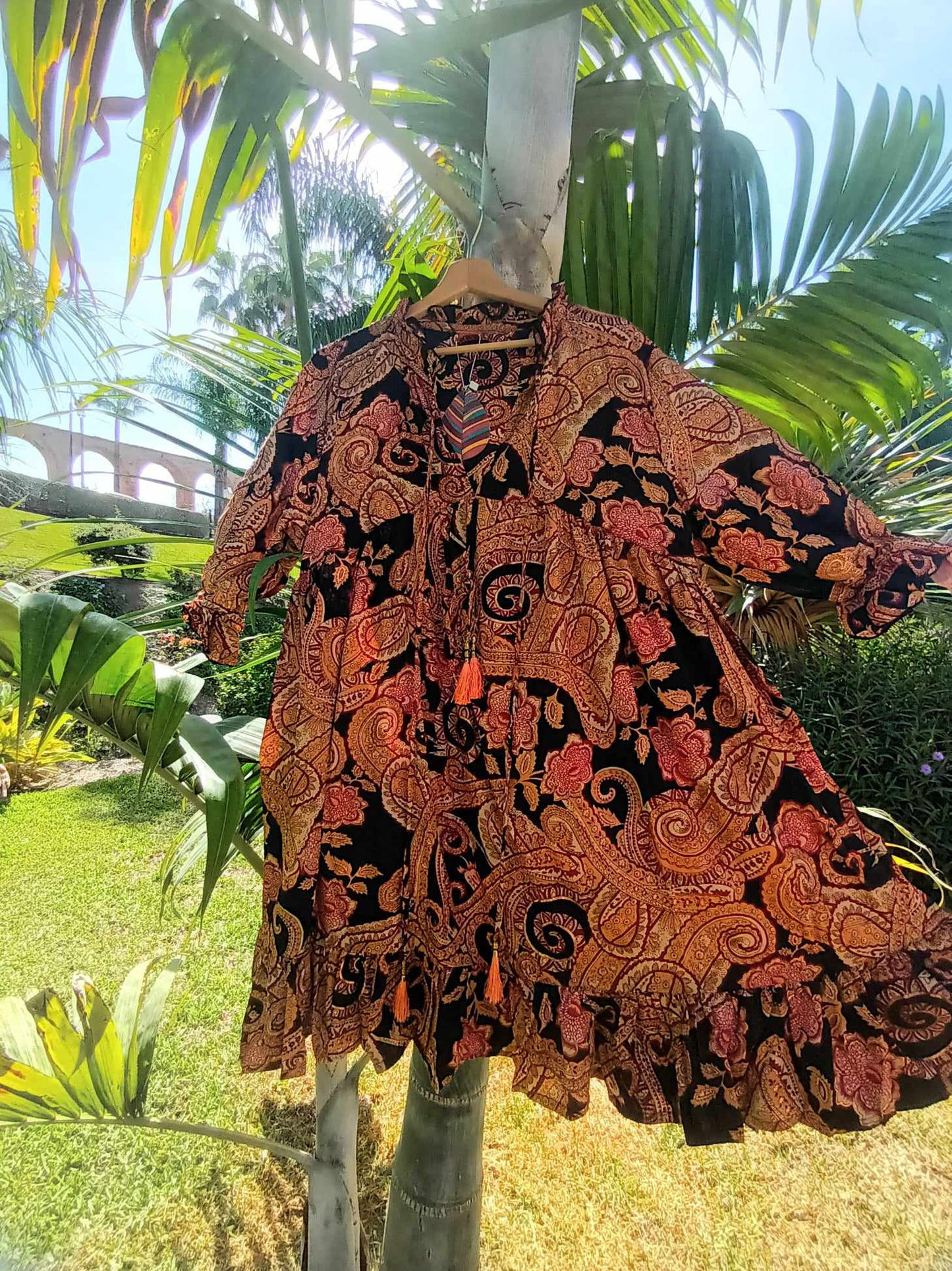 THE 'ROSANNA' SPICE COLOUR PAISLEY TASSEL DETAIL RUFFLE NECK SMOCK DRESS SPANISH DESIGN