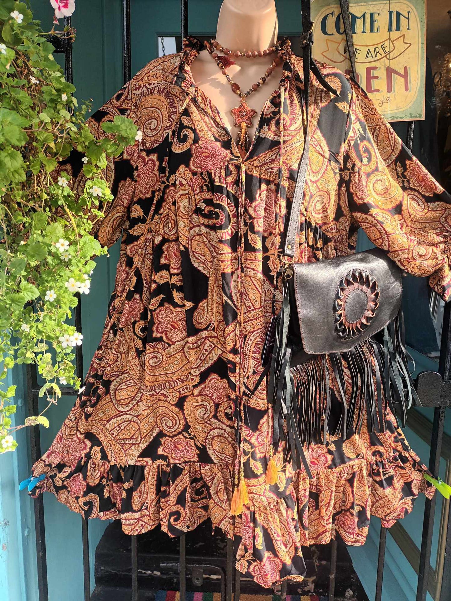 THE 'ROSANNA' SPICE COLOUR PAISLEY TASSEL DETAIL RUFFLE NECK SMOCK DRESS SPANISH DESIGN