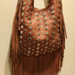 THE 'MEDINA' 100% EXQUISITE SOFT LEATHER FRINGED BAG WITH STUDDED EMBELLISHMENTS HANDMADE IN MARRAKECH TAN OR BLACK