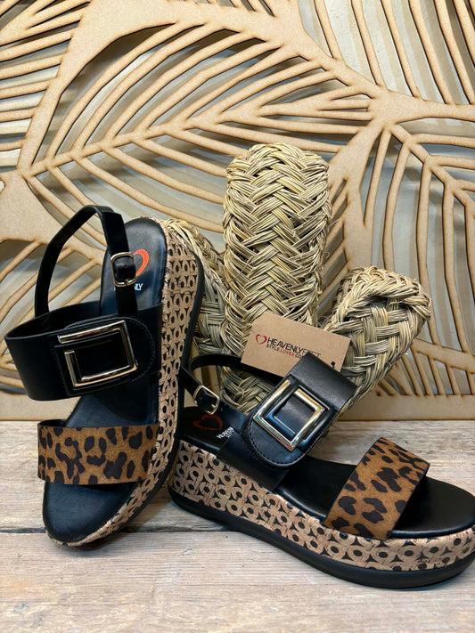 THE 'ST TROPEZ' STUNNING LEOPARD AND BLACK FEATURE PLATFORM WEDGE  SANDAL WITH SUPER COMFORT MEMORY FOAM SOLE