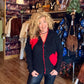THE 'LOVE IS' SUPERSOFT FLUFFY CARDIGAN WITH APPLIQUE KNITTED HEARTS IN BLACK OR PALE GREY