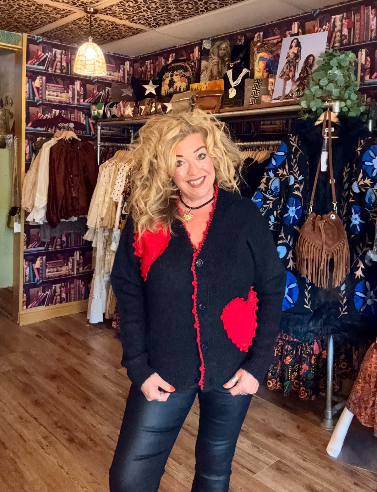 THE 'LOVE IS' SUPERSOFT FLUFFY CARDIGAN WITH APPLIQUE KNITTED HEARTS IN BLACK OR PALE GREY