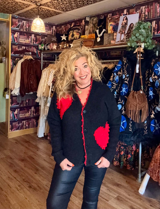 THE 'LOVE IS' SUPERSOFT FLUFFY CARDIGAN WITH APPLIQUE KNITTED HEARTS IN BLACK OR PALE GREY