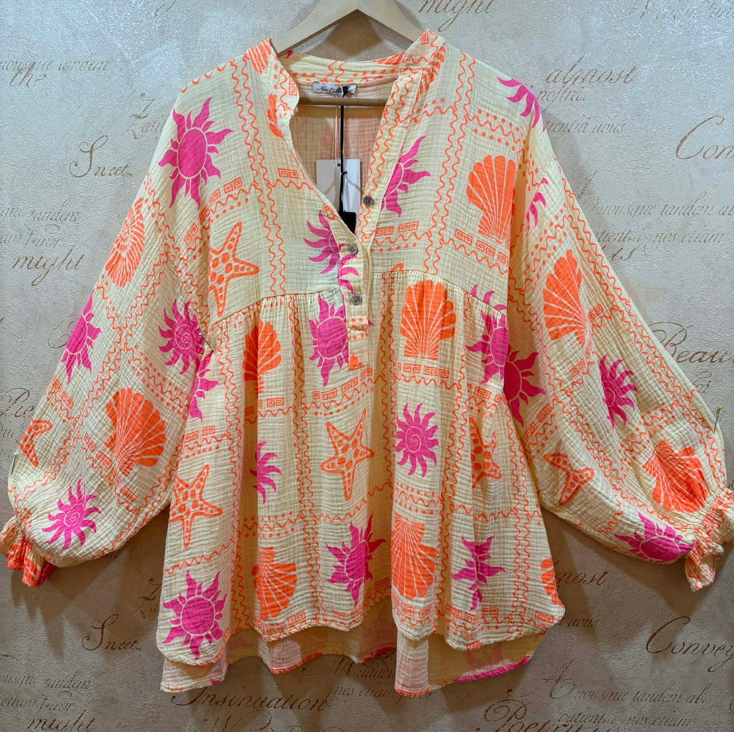 THE 'SOLEIL' STUNNING 100% COTTON SEA AND SUN PRINT BUTTON THROUGH SMOCK TOP MADE IN ITALY