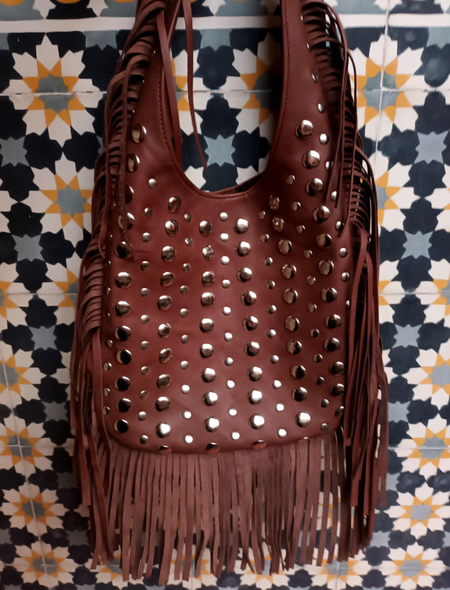 THE 'MEDINA' 100% EXQUISITE SOFT LEATHER FRINGED BAG WITH STUDDED EMBELLISHMENTS HANDMADE IN MARRAKECH TAN OR BLACK
