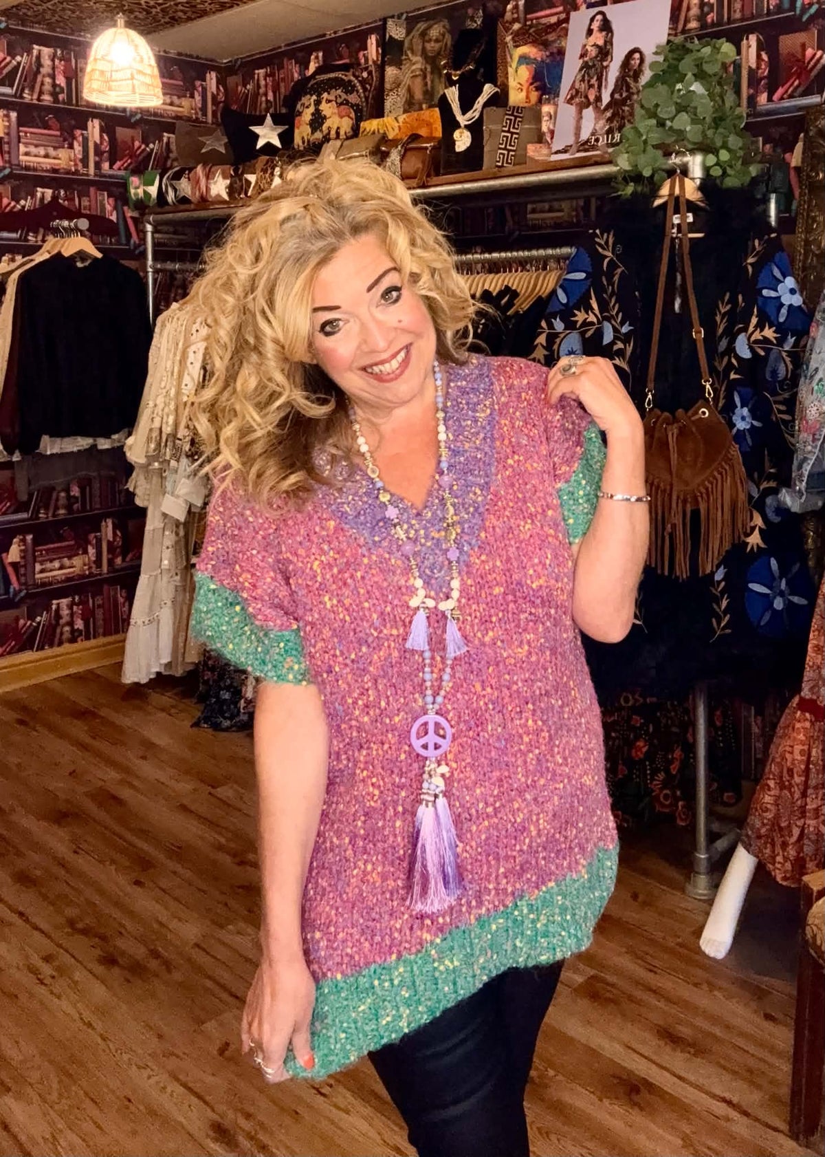 THE 'COSIMA' VINTAGE STYLE RAINBOW COLOURED BOUCLE KNIT LONG LENGTH TANK TOP
