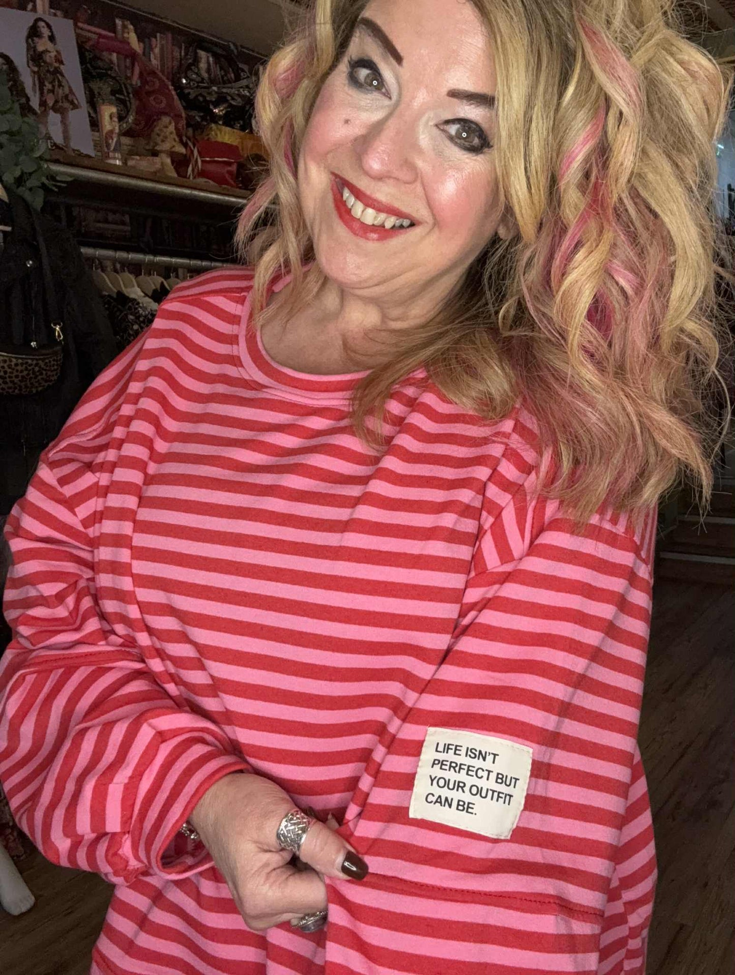 THE 'WEEKENDER' 70'S STYLE BRIGHT & BEAUTIFUL STRIPED SWEATSHIRT WITH QUIRKY PATCH DETAIL TWO COLOUR OPTIONS