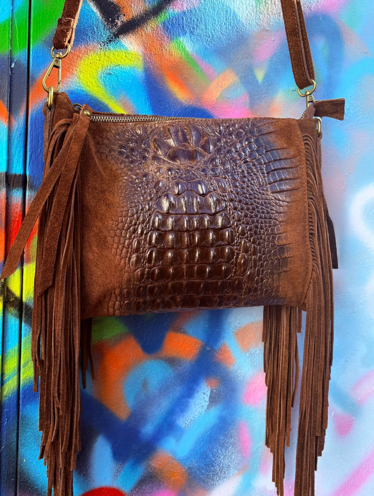 THE 'PHOENIX' EXQUISITE ITALIAN LEATHER CROC EFFECT FRINGED BAG WITH ADJUSTABLE SHOULDER STRAP