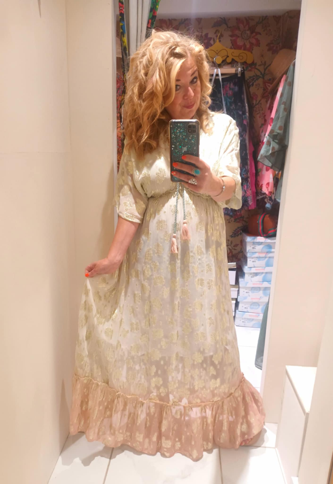 THE 'ANGELICA' STUNNING VANILLA & PINK GOLD EMBOSSED CHIFFON DRESS WITH GOLD BEADED DETAIL