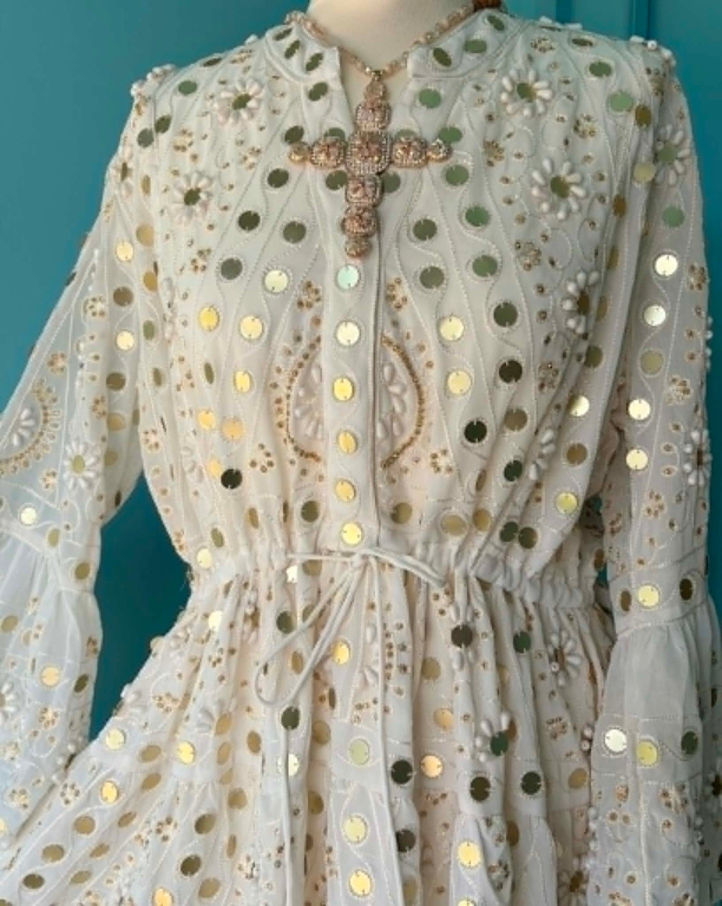 THE 'NURIA' STUNNING SNOWY WHITE SEQUINNED AND BEADED BELL SLEEVE BOHEMIAN TUNIC DRESS FROM OUR EXCLUSIVE SPANISH COLLECTION