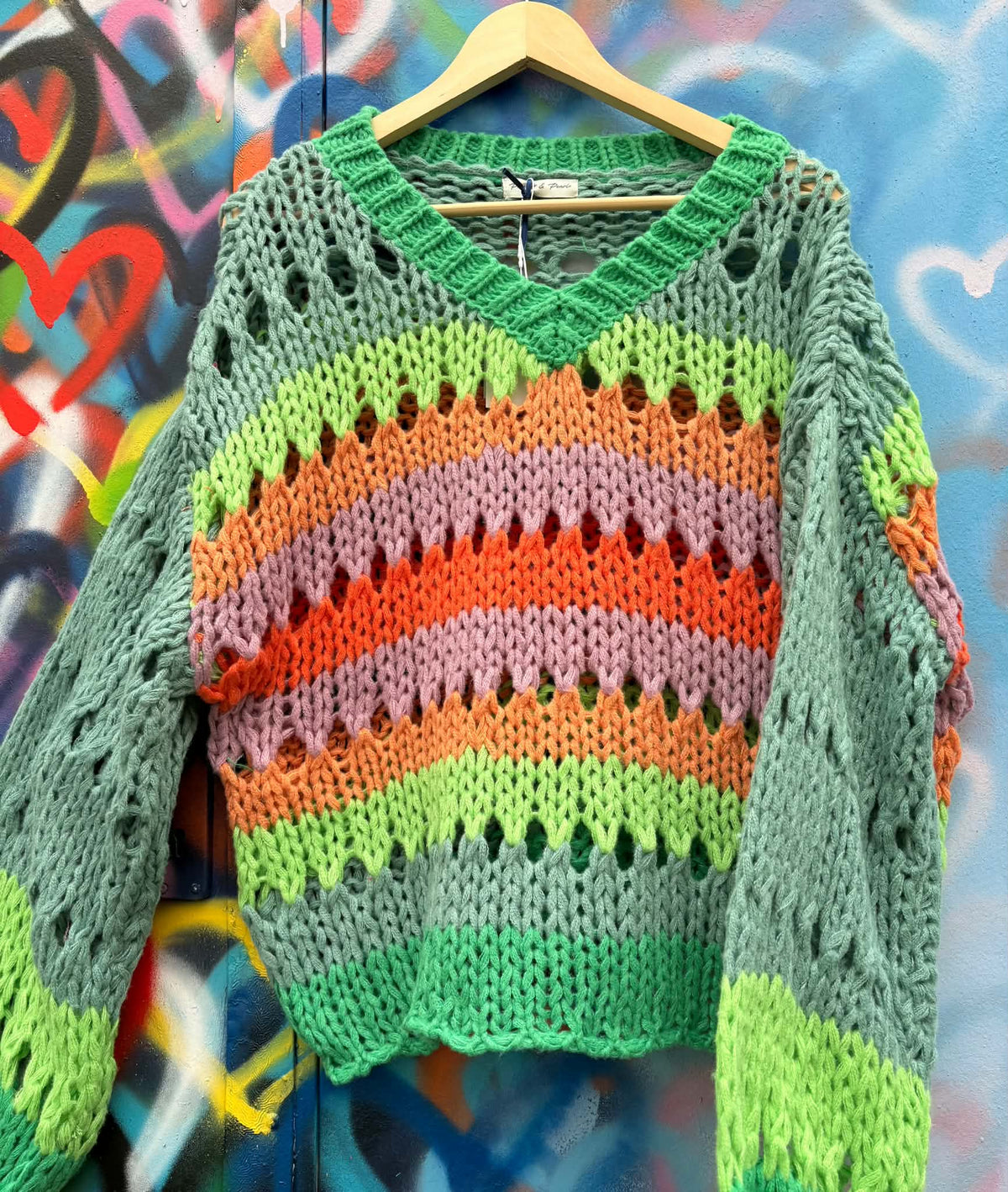 THE 'COSMIC GIRL' FUNKY RAINBOW COLOURED CHUNKY OPEN STITCH KNIT WITH BALLOON SLEEVES