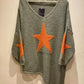 THE 'STARMAN' BEAUTIFUL ASYMMETRIC SNUGGLE JUMPER IN OLIVE GREEN AND ZINGY ORANGE
