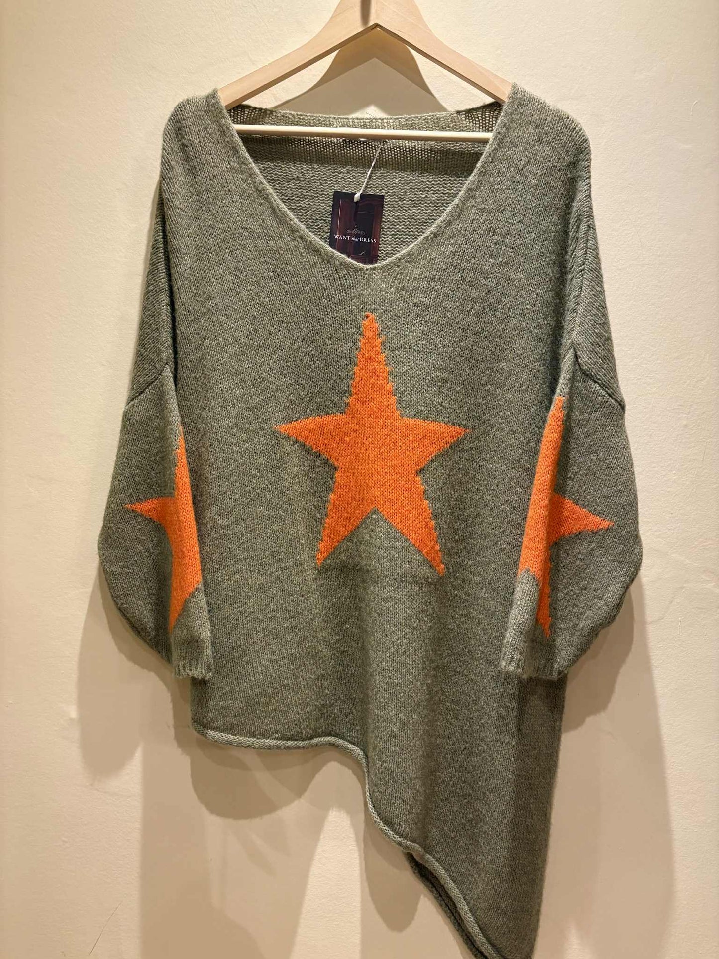 THE 'STARMAN' BEAUTIFUL ASYMMETRIC SNUGGLE JUMPER IN OLIVE GREEN AND ZINGY ORANGE