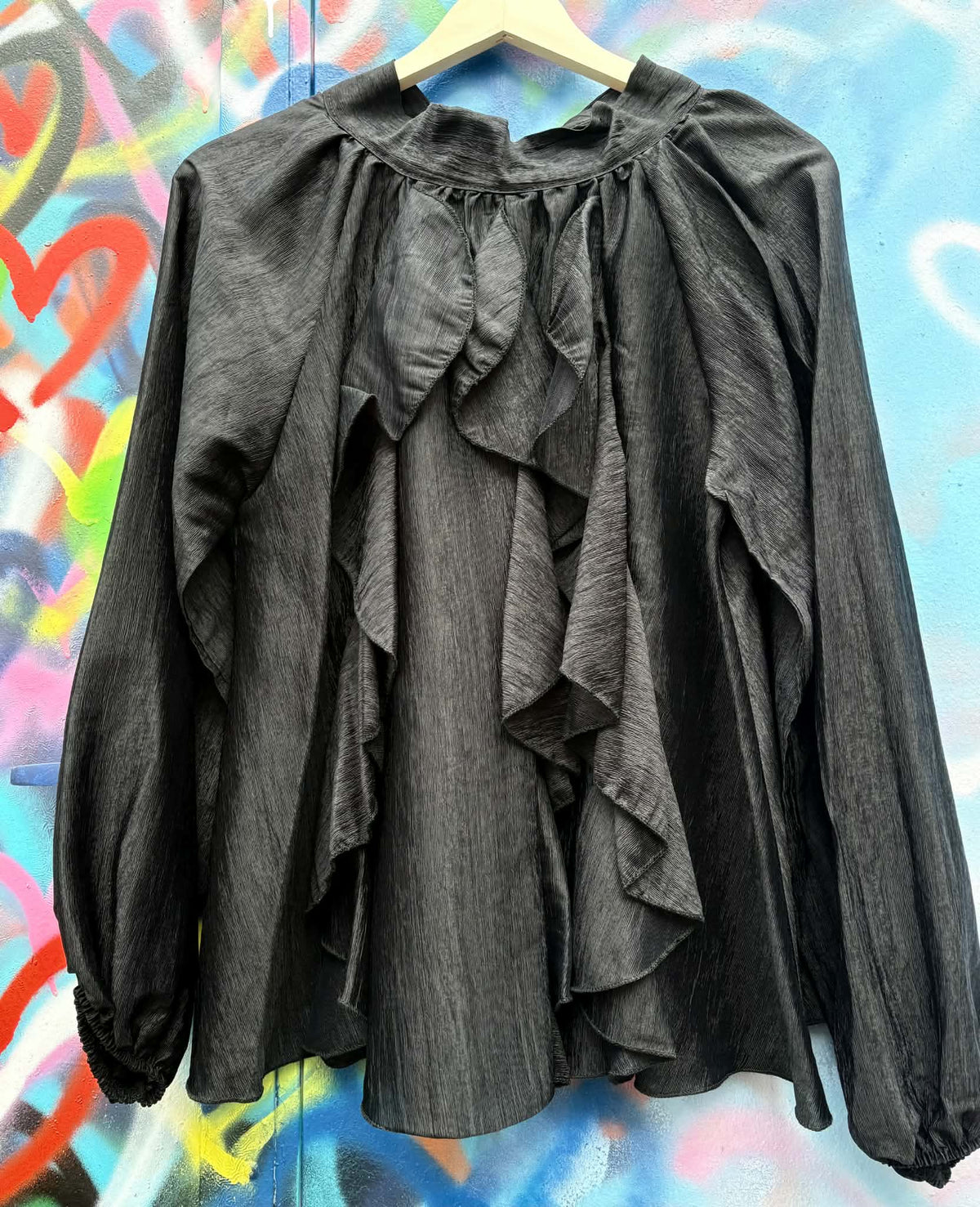 THE 'RHIANNON' FABULOUS WATERFALL FRILL FRONT BALLOON SLEEVE BLOUSE WITH TIE NECK DETAIL THREE COLOURS!