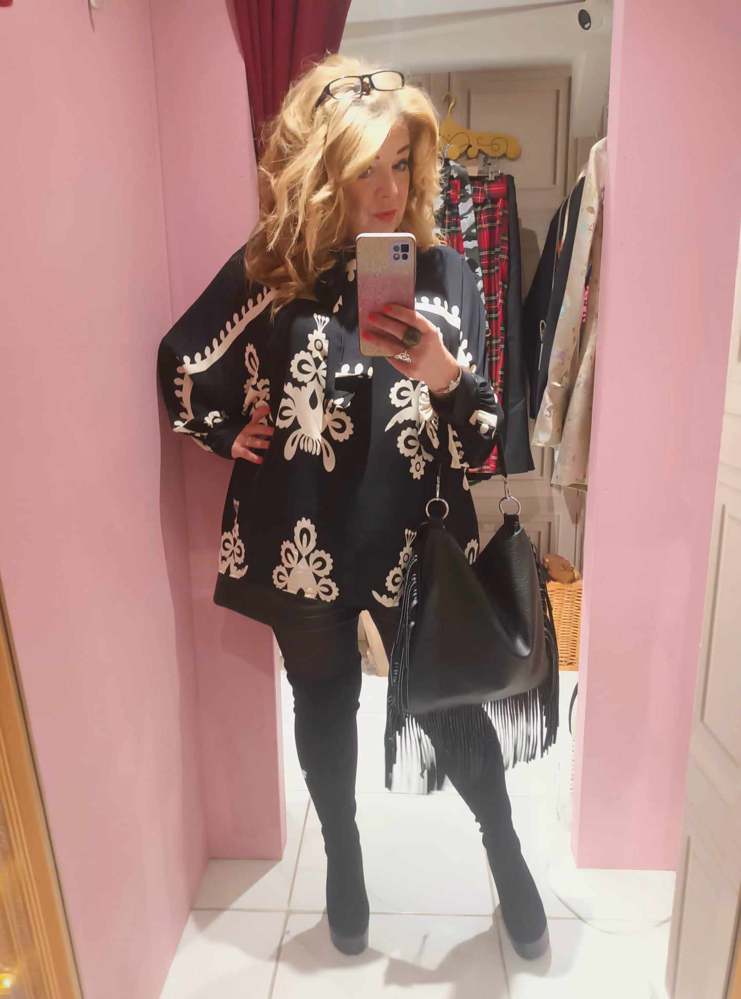 THE 'POEME' PUSSYCAT BOW ROCOCO PRINT BATWING SLEEVE TUNIC/BLOUSE IN BLACK OR IVORY