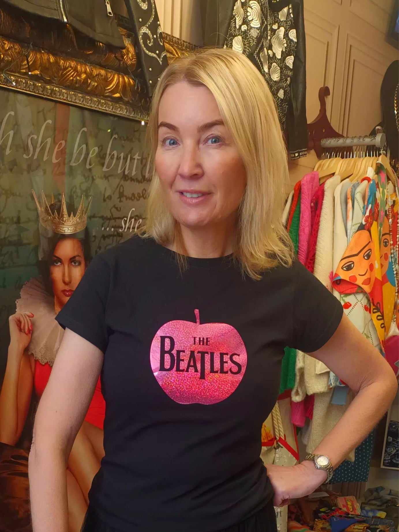 'ROCK STAR RANGE' FEMALE FIT TSHIRT WITH BEATLES SHINY APPLE LOGO IN HOT PINK