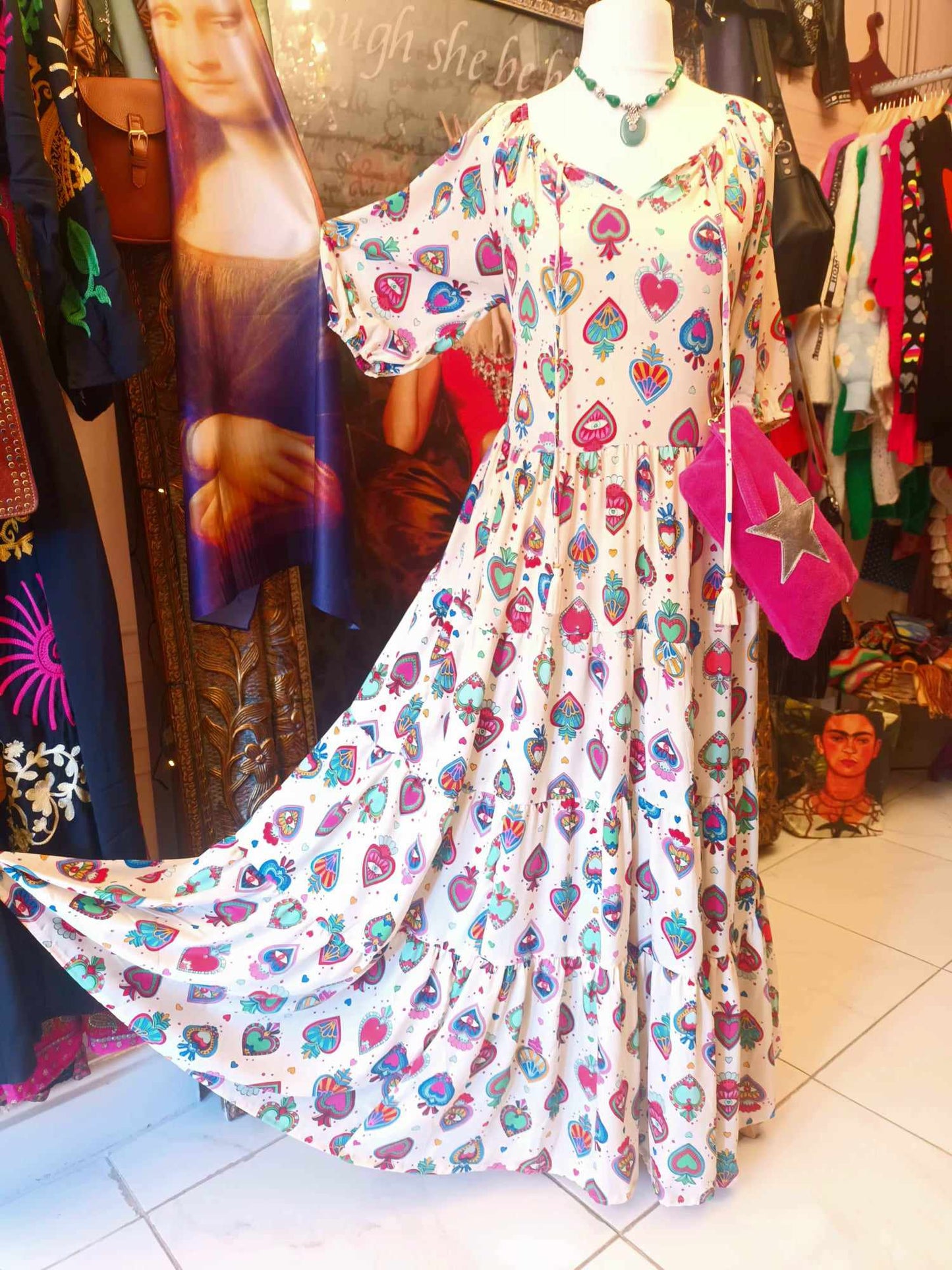 THE 'MYSTIC LOVE' BOHEMIA HEART PRINT DRESS IN RAINBOW COLOURS