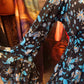 'TIFFANY' SILVER BIRD & ORIENTAL FLORALS BELL SLEEVE DRESS WITH SWISHY HEMLINE