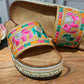 'BOHO BABE' BEAUTIFUL ETHNIC INSPIRED RICHLY EMBROIDERED INDIAN ELEPHANT PATTERN SLIDERS TAN