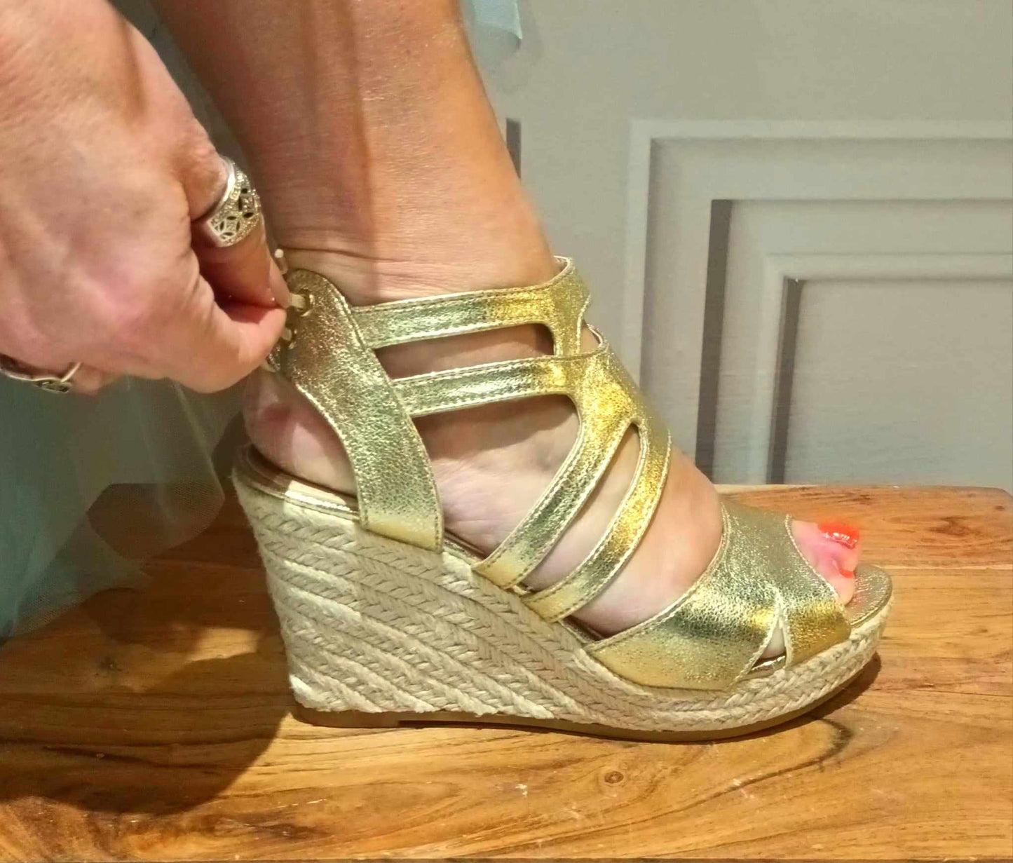 THE 'MARBELLA' TIE FASTENING LATTICE STYLE WEDGE ESPADRILLE SANDALS IN GOLD