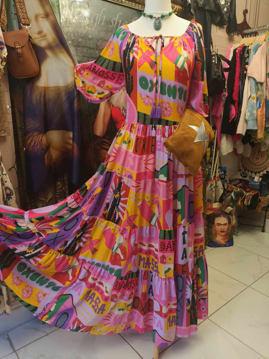 THE 'RAINBOW CARNIVAL' FABULOUS QUIRKY PRINTS SWISHY PARISIAN DRESS WITH SCOOPED TWO WAY NECKLINE