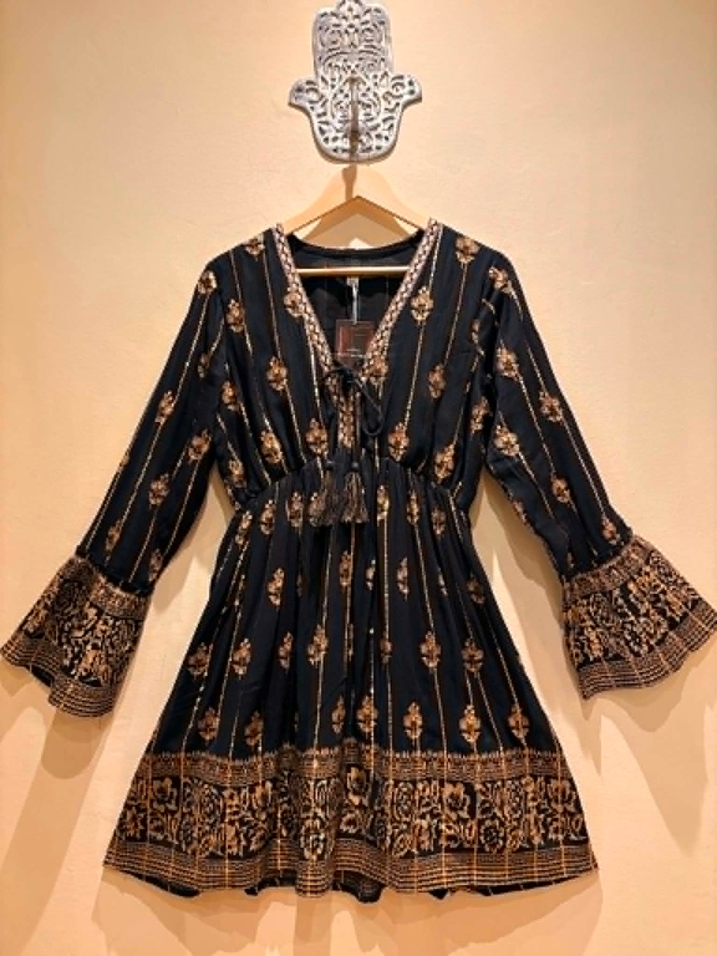 THE 'JASMINE' BEAUTIFUL BLACK AND GOLD EMBROIDERED BELL SLEEVE DRESS MADE IN INDIA